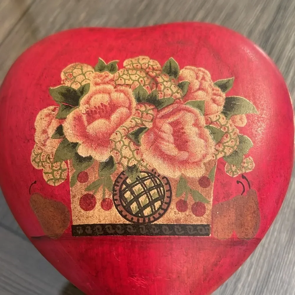 Vintage Red Ceramic Heart Shaped Trinket Box, Floral